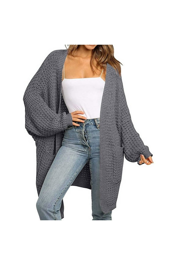 Women's Casual Long Sleeve Open Front Lightweight Midi Long Waffle Knit Cardigan Sweater with Pockets Fall Winter Outerwear Coat