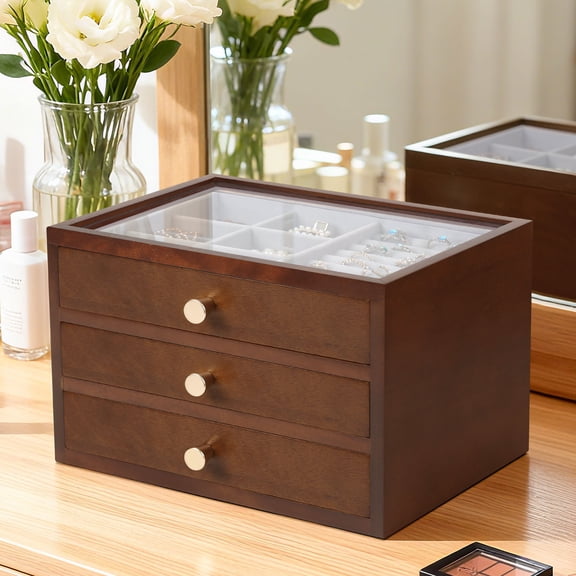 Wooden Jewelry Box for Women, Solid Wood Jewelry Organizer with 3 Drawers, Wooden Jewelry Storage Box with Mirror Display Lid