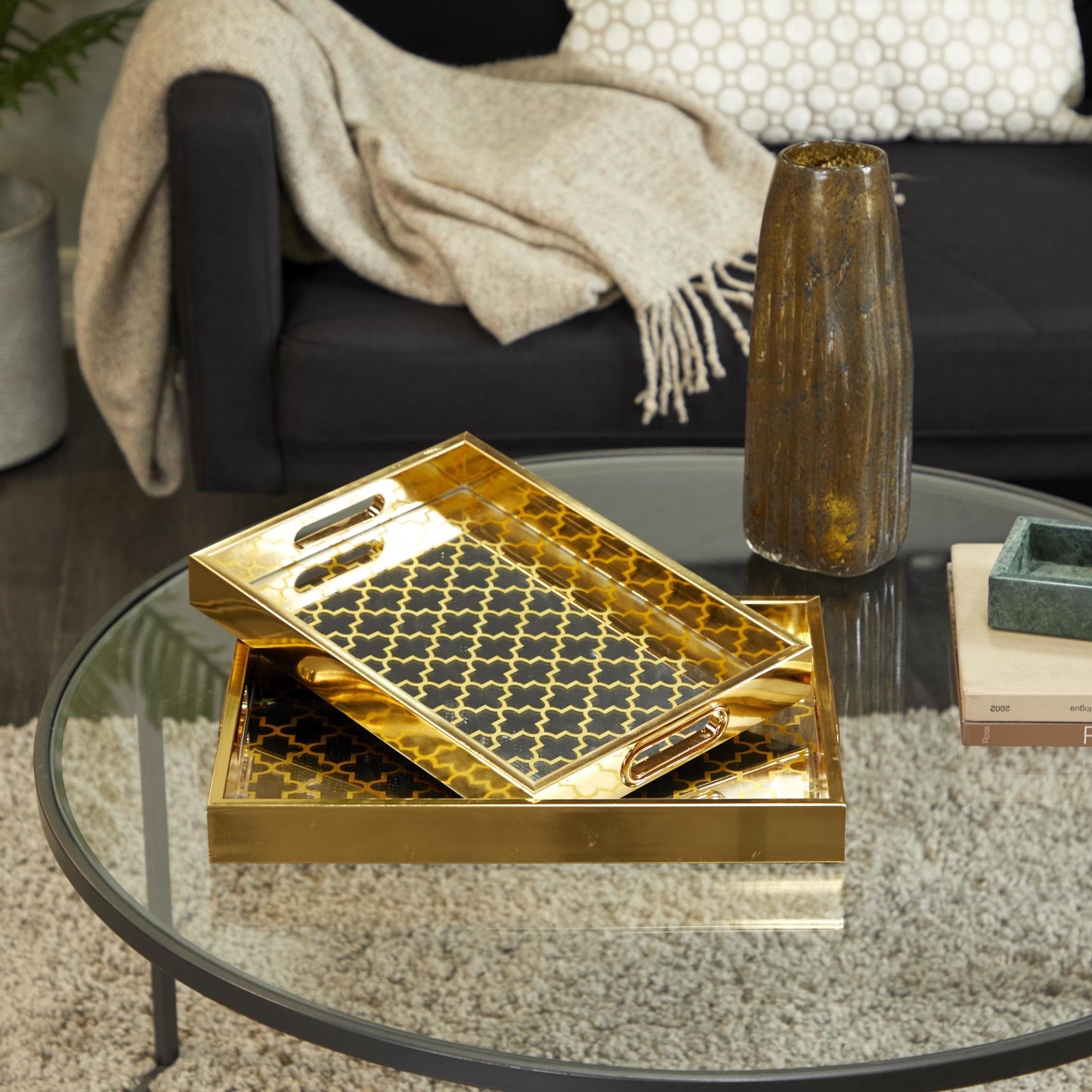 DecMode 16", 14"W Gold Plastic Mirrored Geometric Tray, 2-Pieces