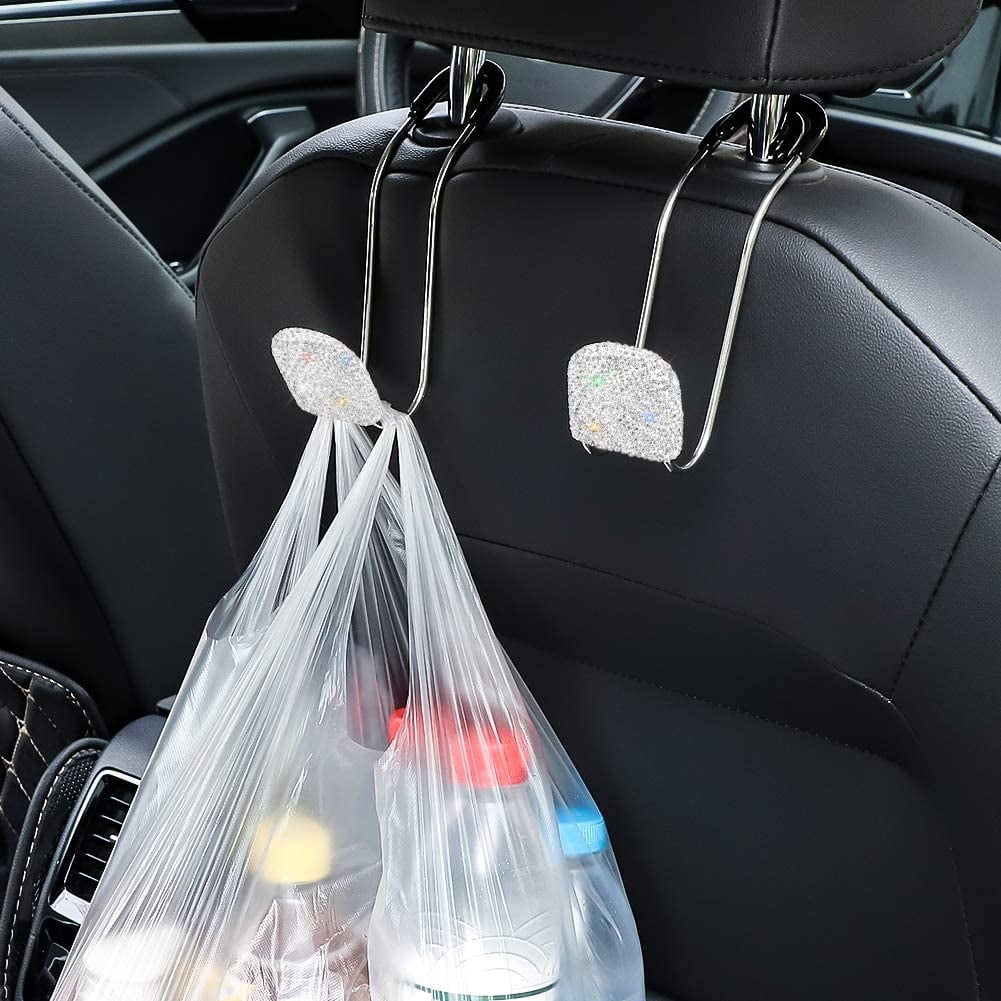 White 2Pcs Bling Car Headrest Hooks,Auto Backseat Metal Hanger Holder,Automotive Seat Back Organizer Storage for Purse,Handbag,Clothes,Umbrellas,Grocery Bags,Cute Car Accessories Interior for Women 