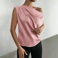 thumbnail image 7 of Wycnly Summer Tops for Women Tops for Women 2024 One Shoulder Lightweight Silky Satin Ruched Tops Fashion Solid T Shirts Ladies Slash Neck Short Sleeve Shirts, 7 of 7