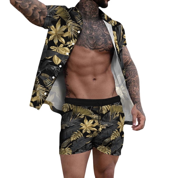 Conjunto casual de blusa y pantalones de playa de manga corta con estampado de botones para hombre Pompotops oipoqjl51691
