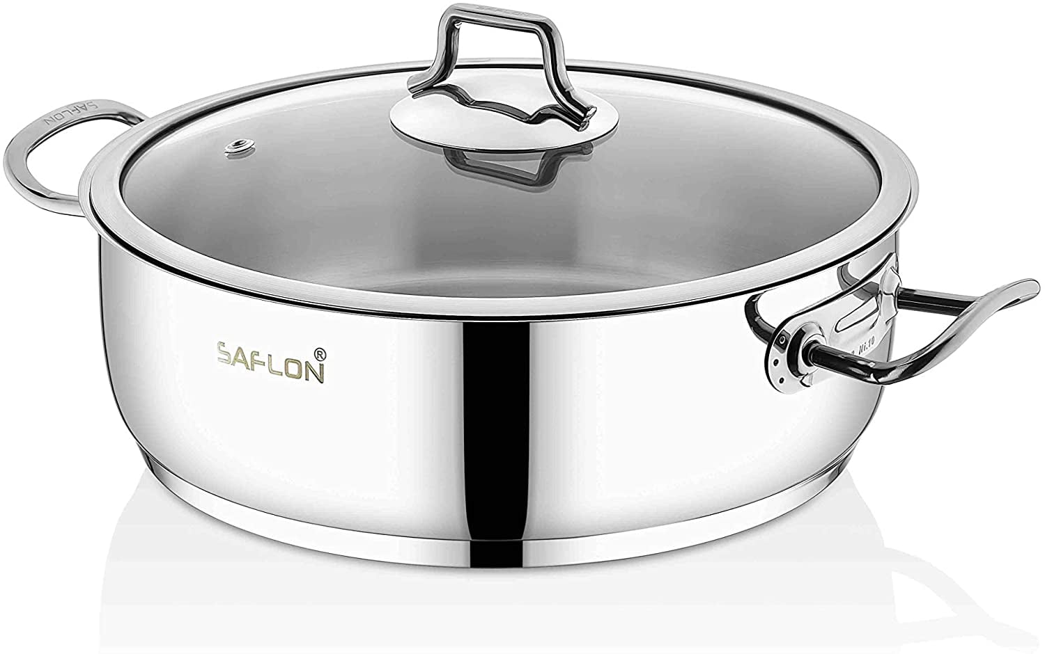 Oven and Dishwasher Safe Saflon Stainless Steel Tri-Ply Capsulated Bottom 4 Quart Saute Pot with Glass Lid Induction Ready 
