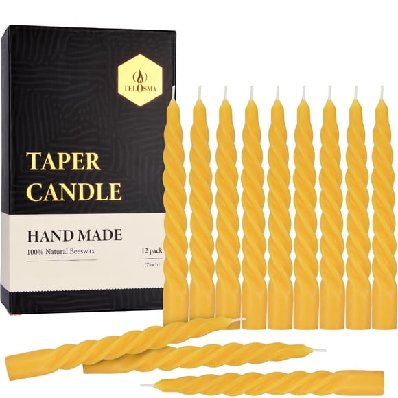 Cera de abejas natural TELOSMA en espiral Taper Candles, 18 cm, 12 unidades, color amarillo