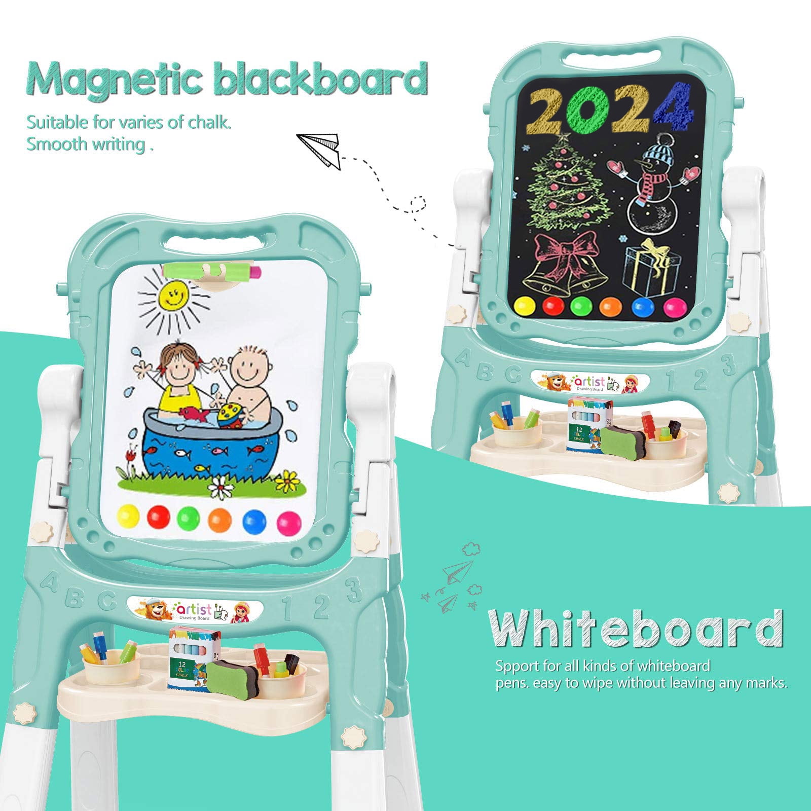 JBeeCtrl Easel for Kids Rotatable Double Sided White Board & Chalk Board Adjustable Standing Kids Art Easel w/ Paint Accessories for Boys Girls Birthday Christmas Birthday Gifts for Kids 3-6 Green