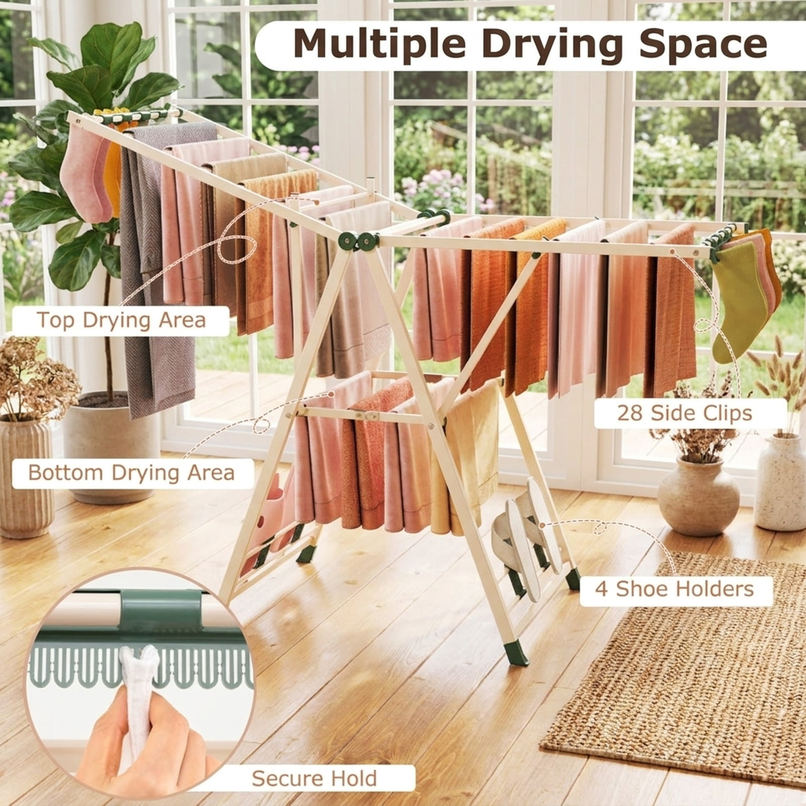 Vebreda Foldable Clothes Drying Rack, 64 Inches Clothes Drying Rack with Height Adjustable Wings, Spacious 2-Tier Drying Space