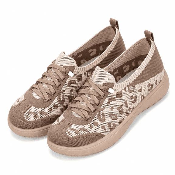 RDKTPXZ Women's Leopard Print Knit Slip-On Sneakers, Elastic Lace Casual Walking Shoes