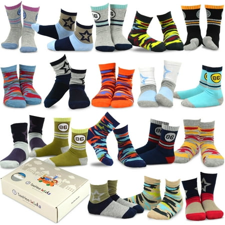 

TeeHee Kids Toddler and Boys Socks Sports and Fun Cotton Crew Socks 18 Pair Pack with Gift Box