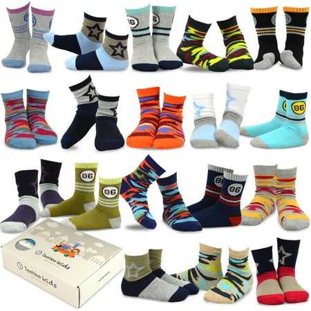 

TeeHee Kids Toddler and Boys Socks Sports and Fun Cotton Crew Socks 18 Pair Pack with Gift Box