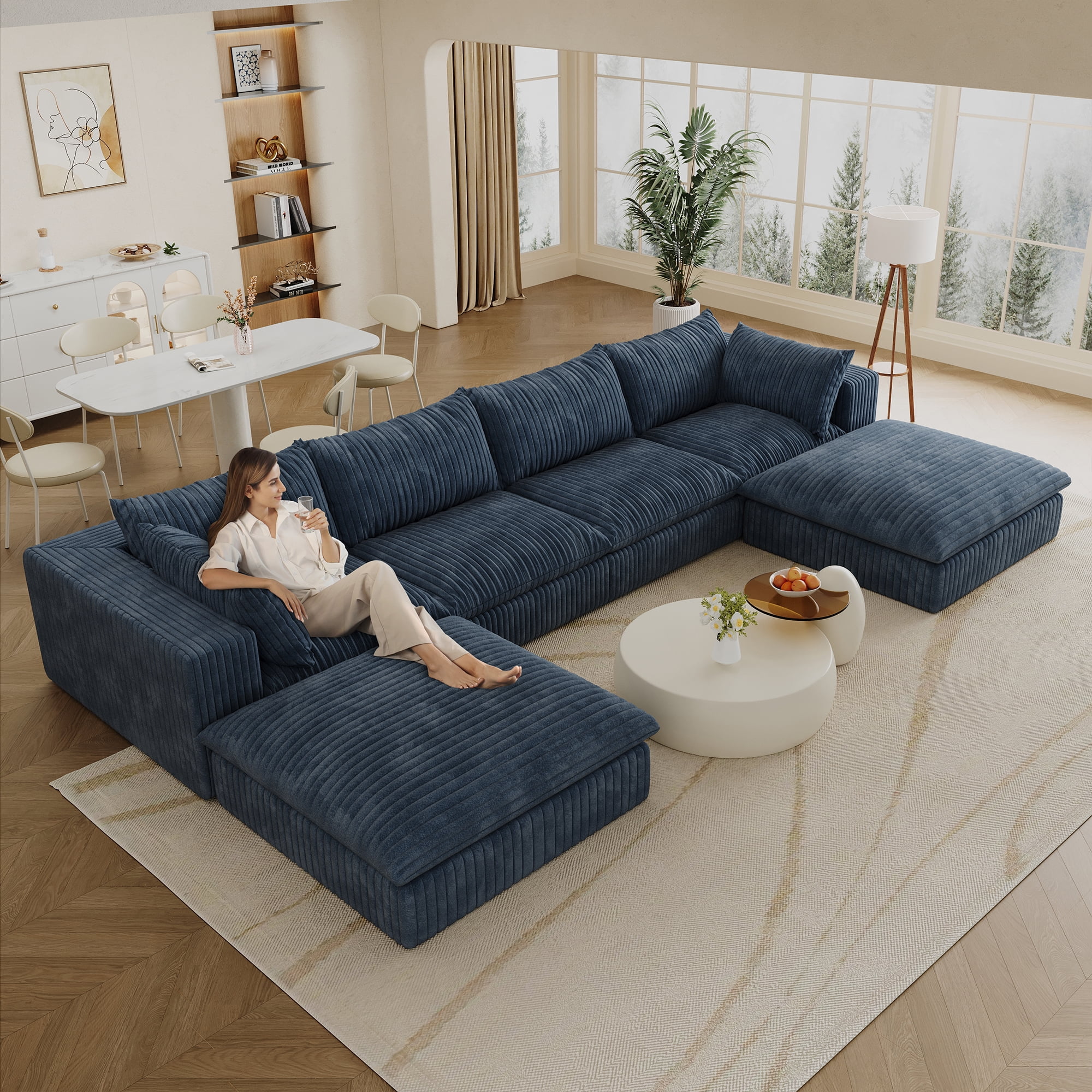 MAYEERTY 157.6" Cloud Sofa Blue Corduroy Deep Seat Double-Layer Removable Cushion No Assembly Multi-Rooms