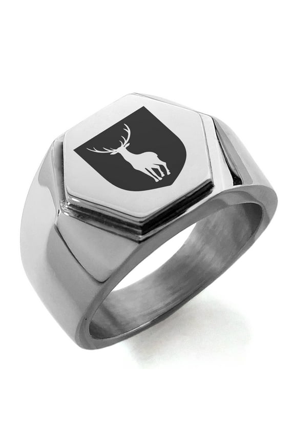 Stainless Steel Stag Purity Coat of Arms Shield Engraved Hexagon Crest Flat Top Biker Style Polished Ring