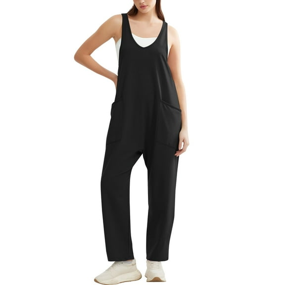 GZWYHT Jumpsuits for Women Overalls for Women Women's Solid Color Fashionable Casual Pocket And Shoulder Strap Jumpsuit Rompers for Women Womens Rompers for Summer Black L