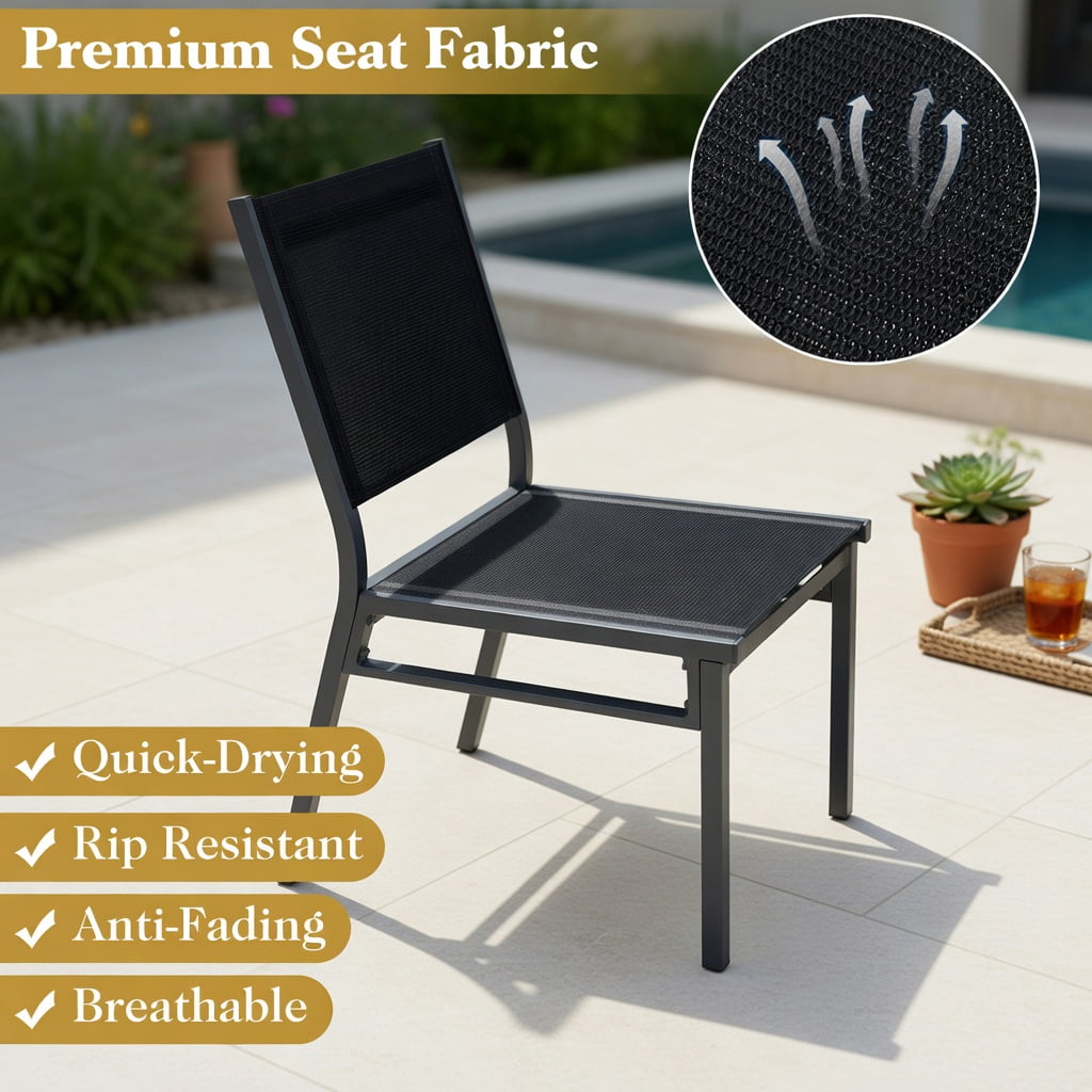 Hommoo Outdoor Dining Chair Breathable Mesh Back & Seat, Lightweight Aluminum Frame, Patio Chair for Backyard, Porch, Poolside or Indoor Use, Black