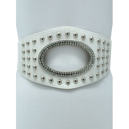 - Wide Silver Stud Waist Belt With Rhinestone Oval