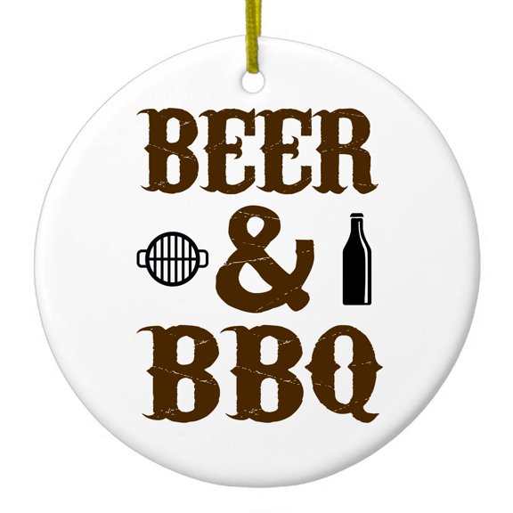 DistinctInk Hanging Ceramic Christmass Tree Ornament with Gold String - Great Gift / Present - 2 3/4 inch diameter - Beer & Barbecue BBQ