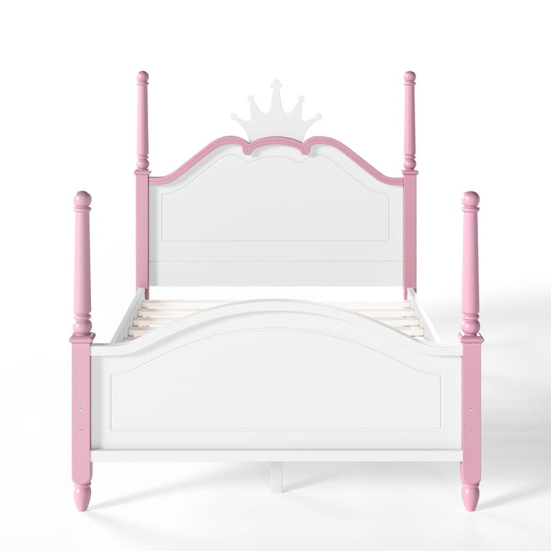 Full Size Kids Low Profile Platform Bed, Curved Footboard Four Poster Bed, Wooden Princess Bed Frame with Crown Shaped Headboard