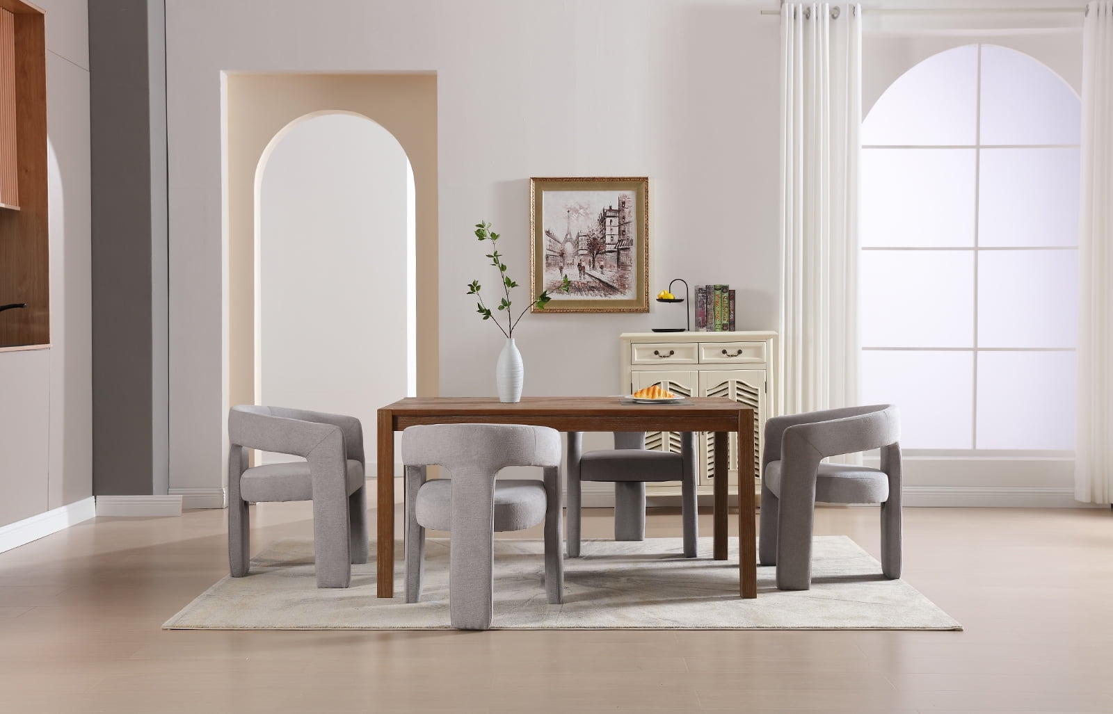 Guyou Modern Chenille Upholstered Dining Chair, Cute Barrel Side Armchair Kitchen Chair with Armrests and Back for Living Room Dining Room Bedroom, Grey