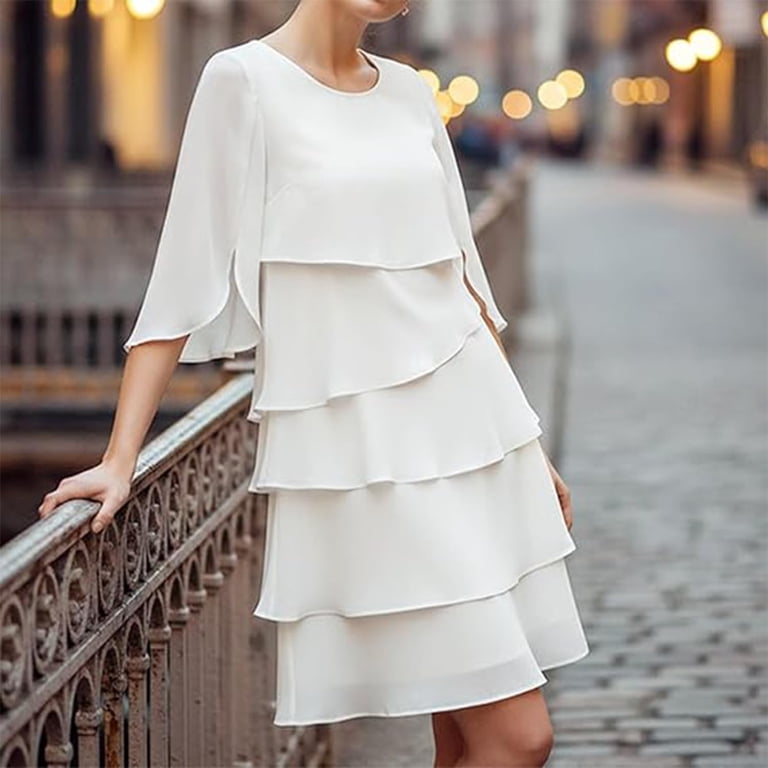 Women's Elegant Layered Ruffle Sleeve Dress, Casual Crew Neck Short Sleeve Flowy Midi Long Tiered Ruffle Dress for Women