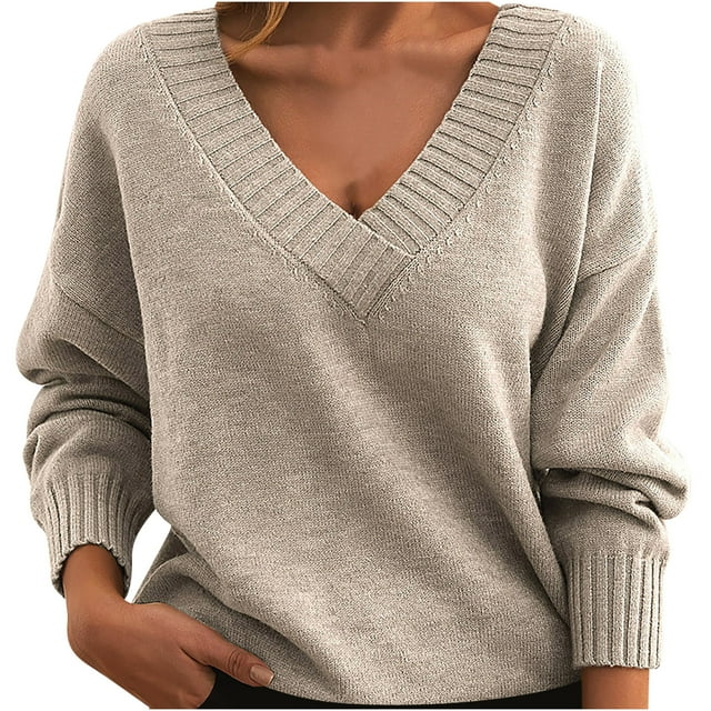 Timegard Hauts pour Femmes Col en V Profond Manches Longues Ample Confortable Chandail à Enfiler Automne Hiver Décontracté Hauts Chandail