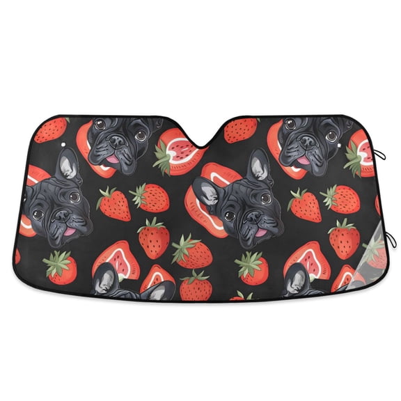 French Bulldog and Strawberry Car Windshield Sun Shade Foldable Car Front Window Visor Heat and UV Protection 53x23.5
