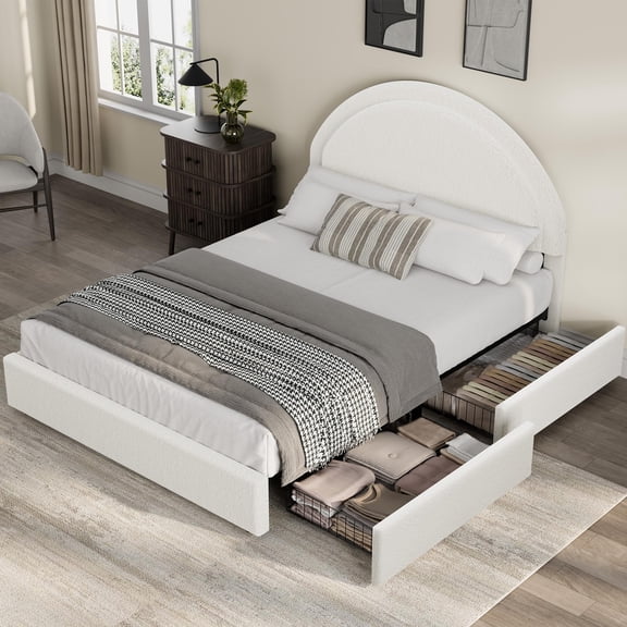 Garvee Queen Boucle Upholstered Platform Bed with 2 Storage Drawers Modern Arc Headboard Bed Frame