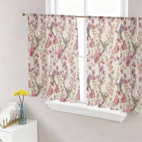 Pink Beige Flowers Sheer Curtains 54 Inch Length 2 Panels Set Window Treatments, Spring Floral Elegant Pastoral Rustic Rod Pocket Semi Curtains for Living Room/Bedroom/Kitchen Décor, 104"W x 54"L