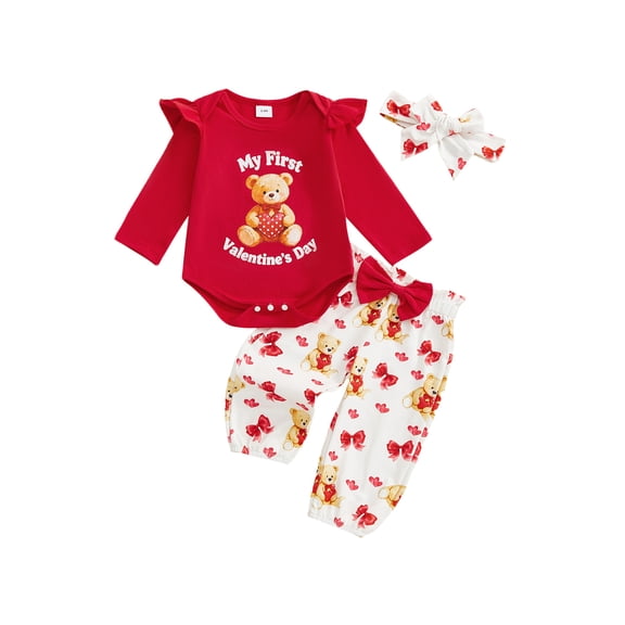 BemeyourBBs Newborn Baby Girl Boy My First Girl Valentines Day Outfits Ruffle Long Sleeve Crew Neck Bear Print Romper Pants and Headband Cute Spring Clothes