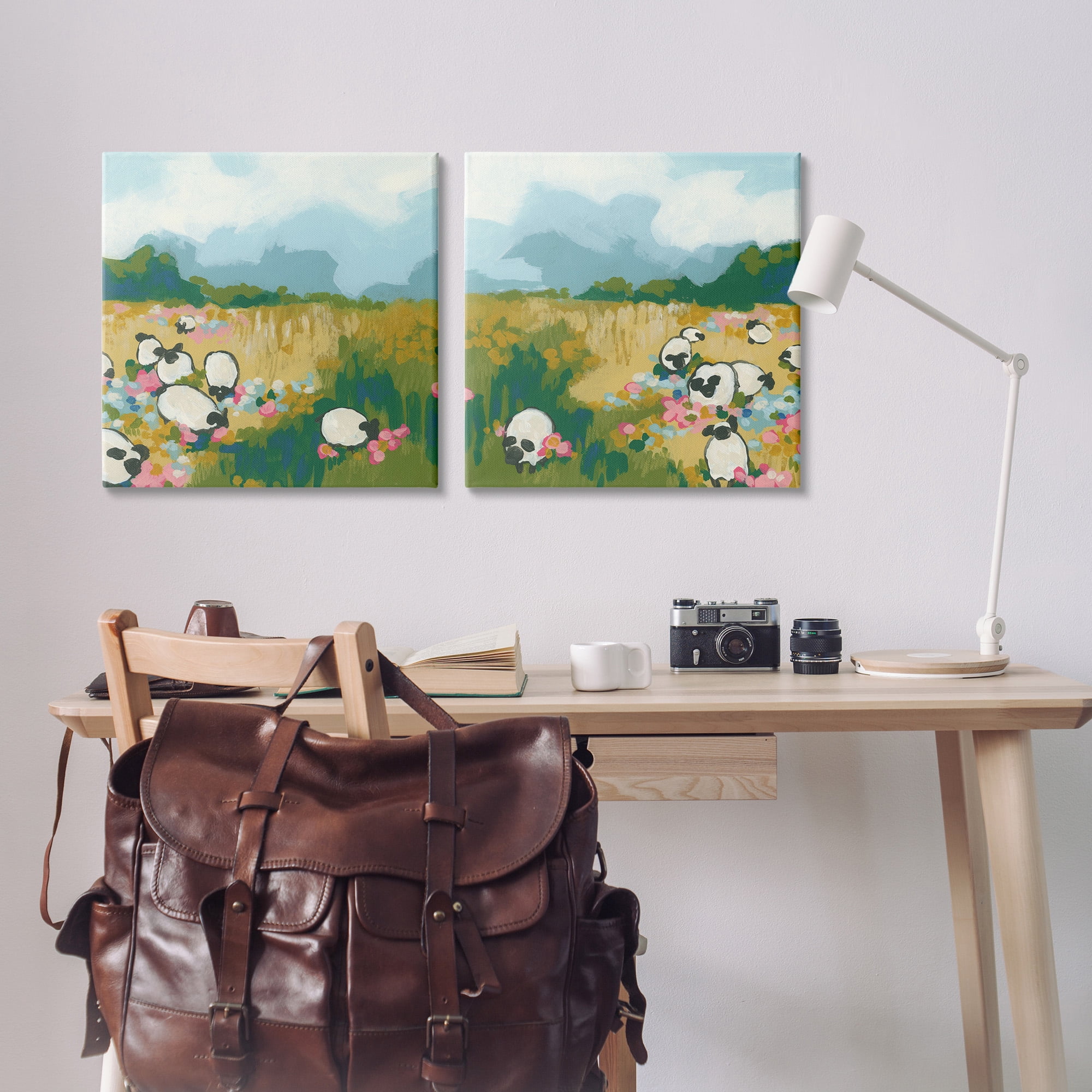 Stupell Industries Scattered Sheep in Field Landscape Painting Gallery Wrapped Canvas Art Print Wall Art, 24 x 24, Set of 2
