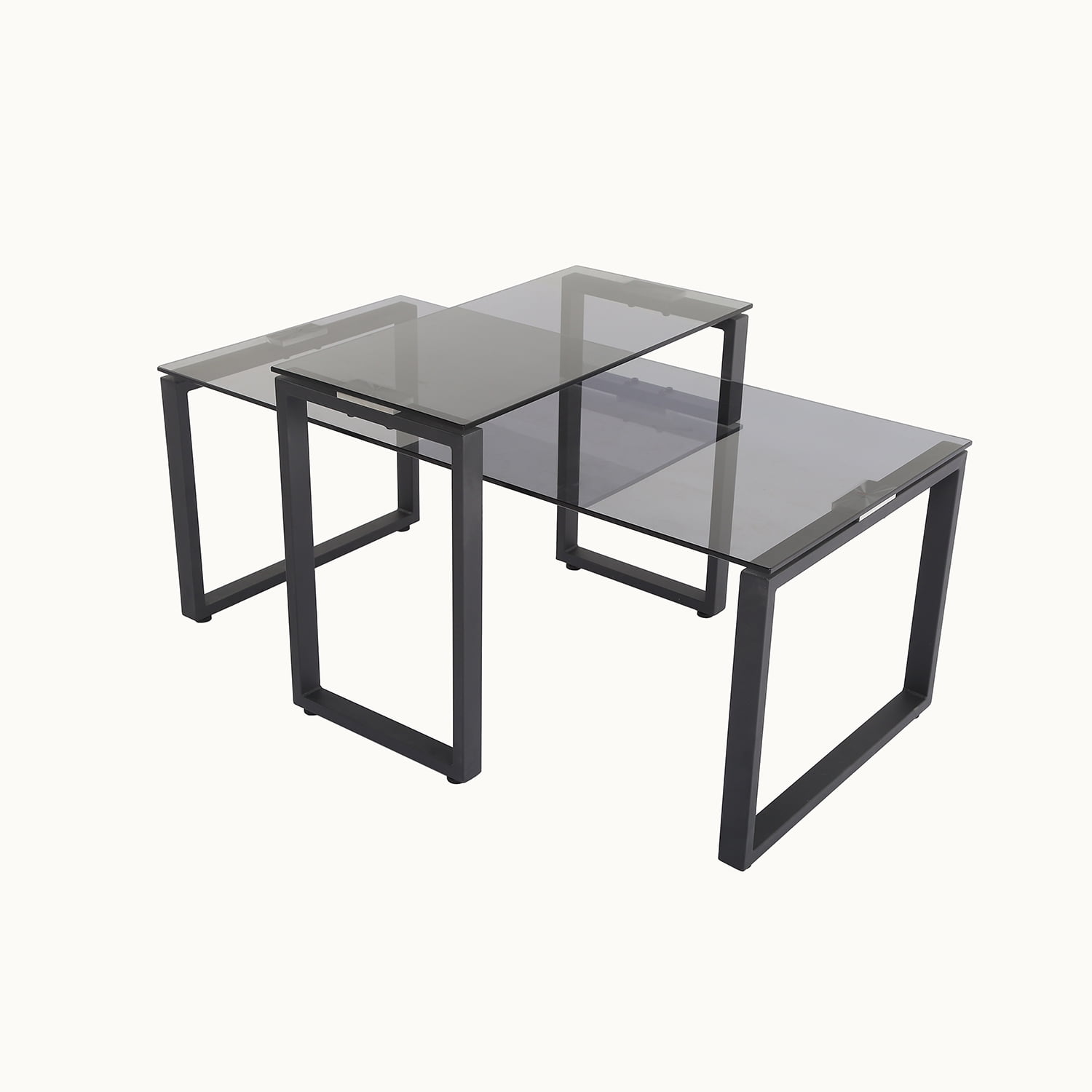 Kadyn Modern Rectangle Glass Nesting Table Set, End Table Set of 2 Glass Table Set for Living Room, Metal Modern Nesting Coffee Table Set, Black