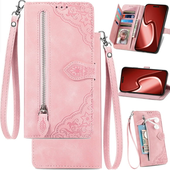 Pour Motorola Moto G05 Étui Portefeuille avec Poche de Rangement à Fermeture Éclair, Couverture en Cuir Mat Floral avec Support, Porte-Cartes Multiple, Cadre Photo, Boucle Magnétique Feuille, Dragonne