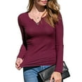 thumbnail image 2 of Doublju Women's Placket Neck Long Sleeve Ribbed Top (Plus Size Available), 2 of 4