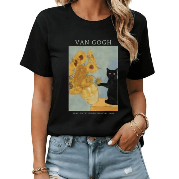 Funny Cat Van Gogh Sunflowers Graphic Tees Womans T shirt Black S-5XL Shirts Art Lover Tops