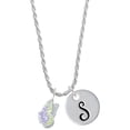 thumbnail image 1 of Delight Jewelry Silvertone Translucent Purple & Lime Green Flying Butterfly Silvertone Script Initial Disc - S - Charm Necklace, 20"+3", 1 of 4