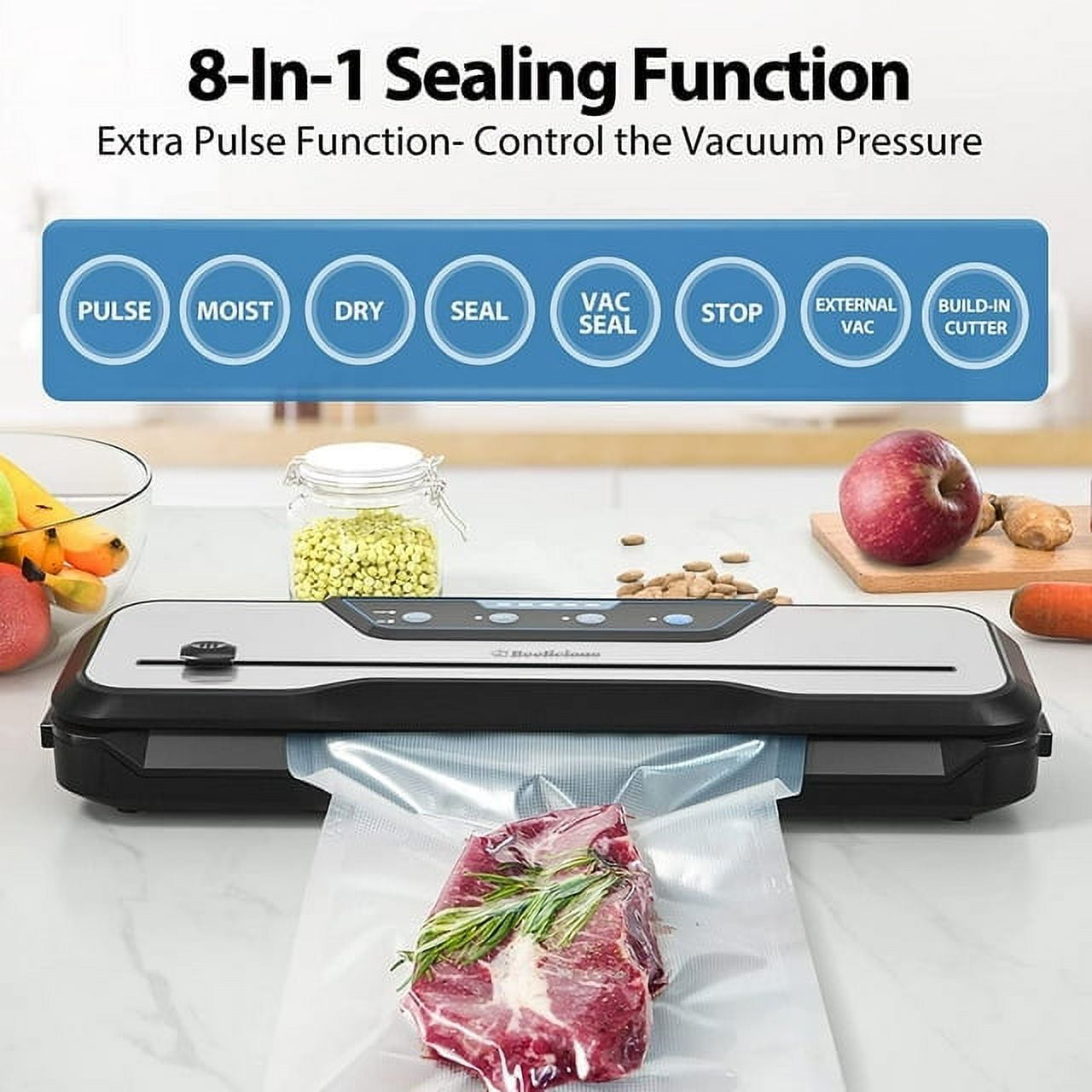 Vacuum Sealer Machine, Aeitto 8-in-1 Air Sealing Food Vacuum Sealer with Starter Kit& 2-Year Warranty, Vacuum Sealing for Food Storage, Build-in Cutter,EXT-VAC
