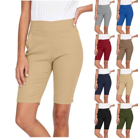 Women's Soft Solid Elastic Waist Casual Short Pants, Comfy Travel Shorts with Functional Pockets, Lightweight Polyester Blend for Walking, Running Errands, Sightseeing, | TruBelle,Army Green L
