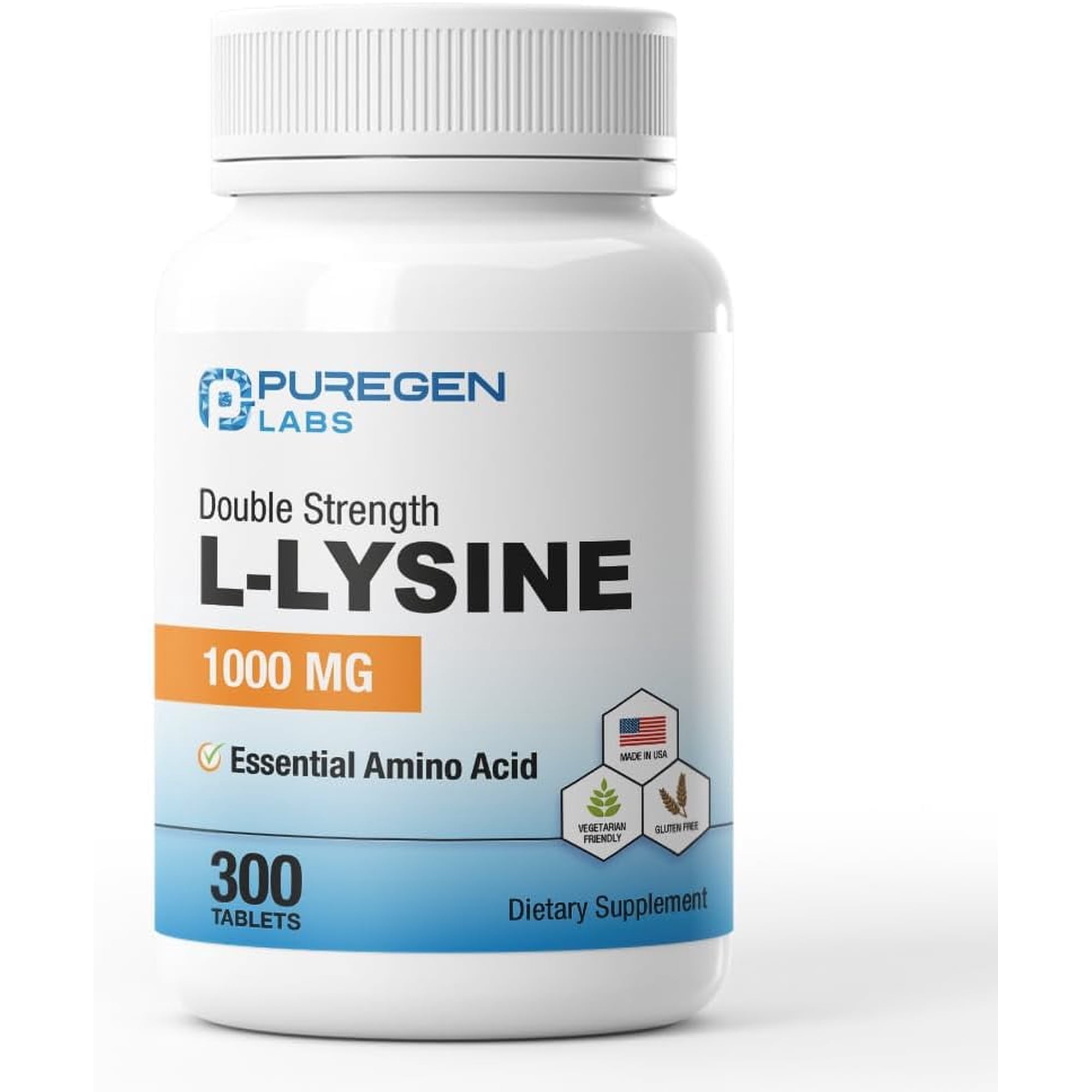 Puregen Labs L-Lysine Dietary Supplement, Extra Strength, High Potency, Immune Support, Gluten-Free, 300 Count, 1000 mg
