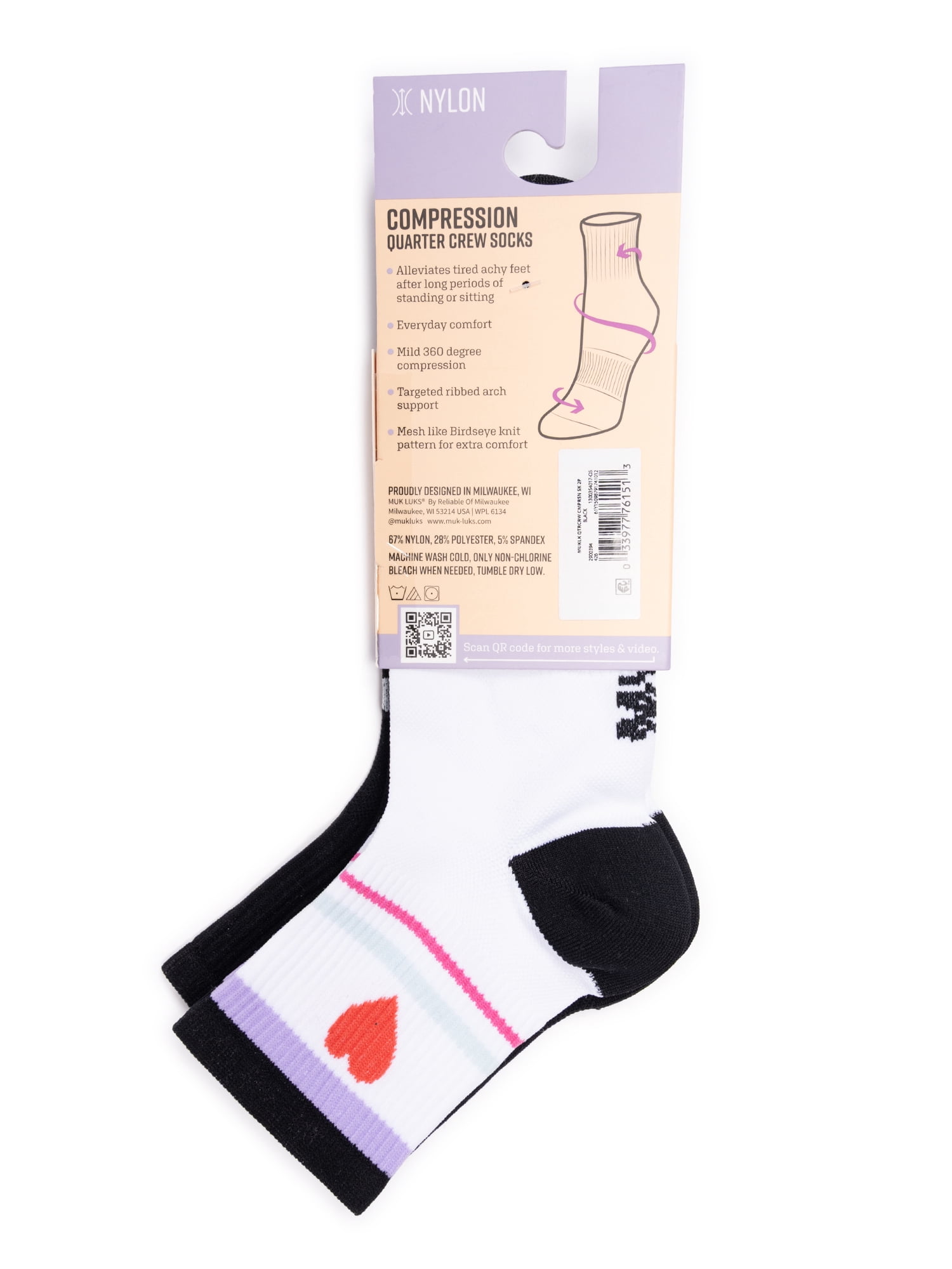 MUK LUKS Women's Nylon Quarter Crew Compression Socks, 2-Pack, Shoe Sizes 6-10