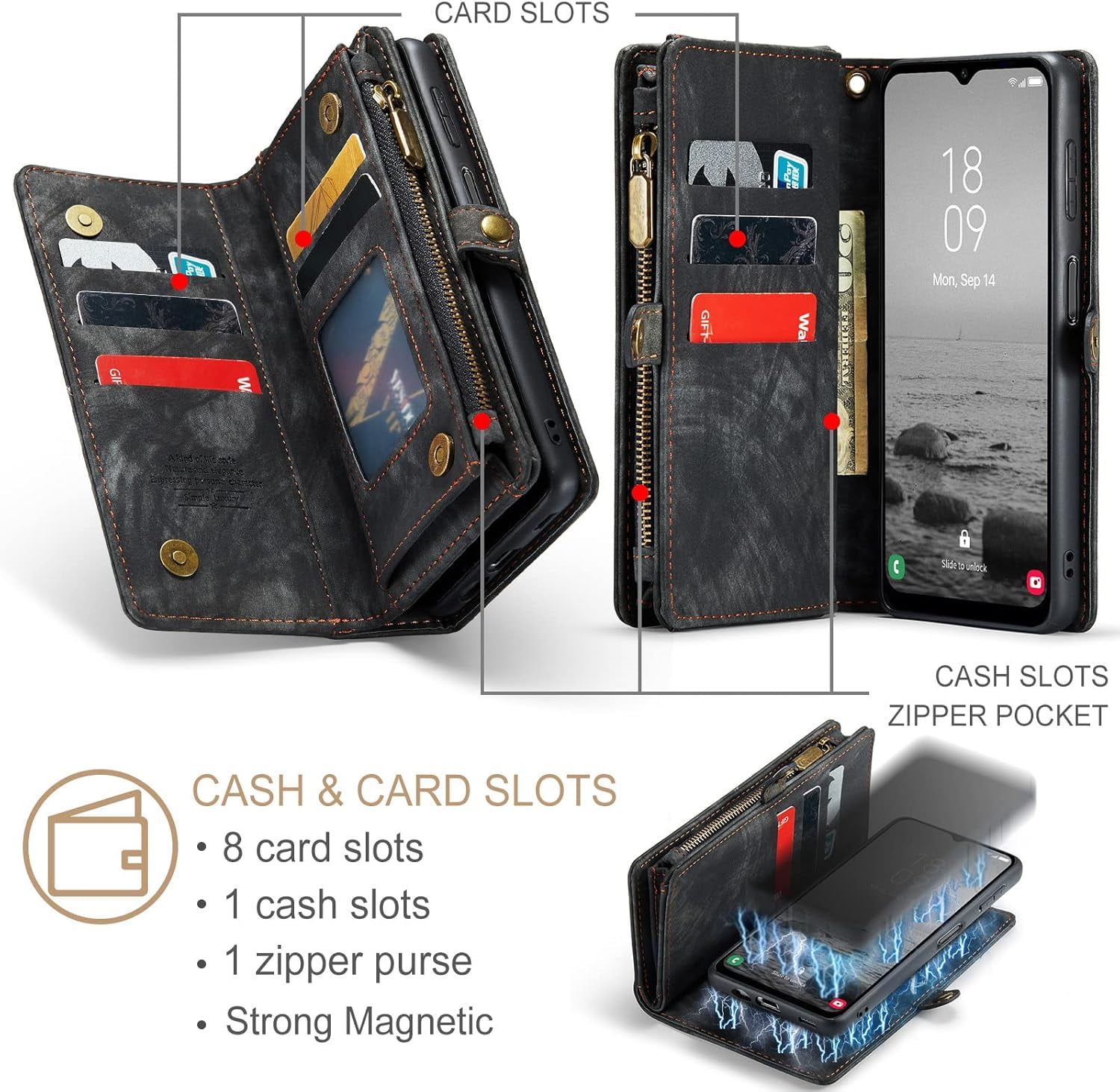 Phone Case for Samsung Galaxy A14 5G Zipper Wallet Detachable Cover with Tempered Glass Screen Protector and Leather Flip Credit Card Holder TPU Cell Accessories A 14 4G 14A G5 Women Men Black