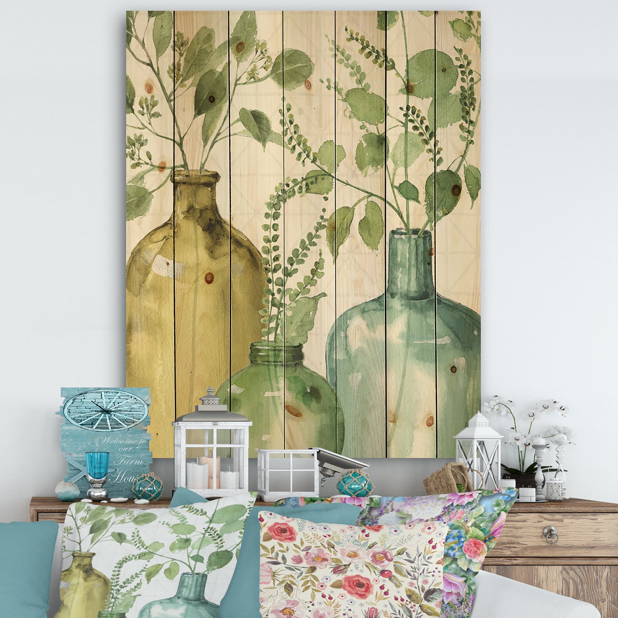 Designart 'Botanical Mixed Green Leaves IX' Cottage Print on Natural Pine Wood