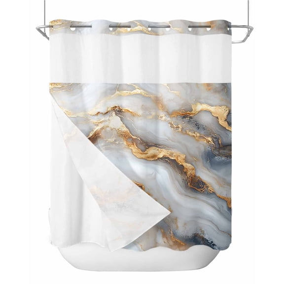 No Hook Shower Curtains with Snap in Liner, Marble White Yellow Waterproof Fabric Shower Curtain, Abstract Art Ink Painting Double Layers & See-Through Top Window Bathroom Curtains 66''x72''