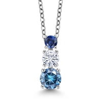 Gem Stone King Persian Blue Moissanite White Moissanite Blue Created Sapphire 3 Stone Pendant Necklace for Women (0.87 cttw, Gemstone Birthstone, Round 5MM, 4MM and 3MM, with 18 inch Chain)