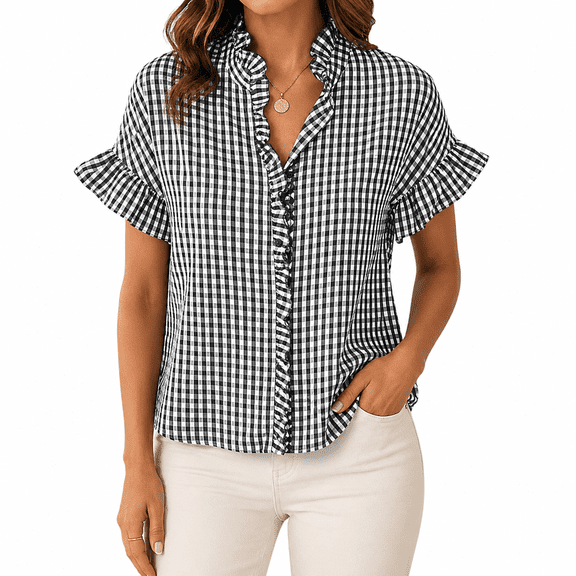 Dpjklzsn Women's Plaid Ruffle V-Neck Shirt, Short Sleeve Button Casual Blouse