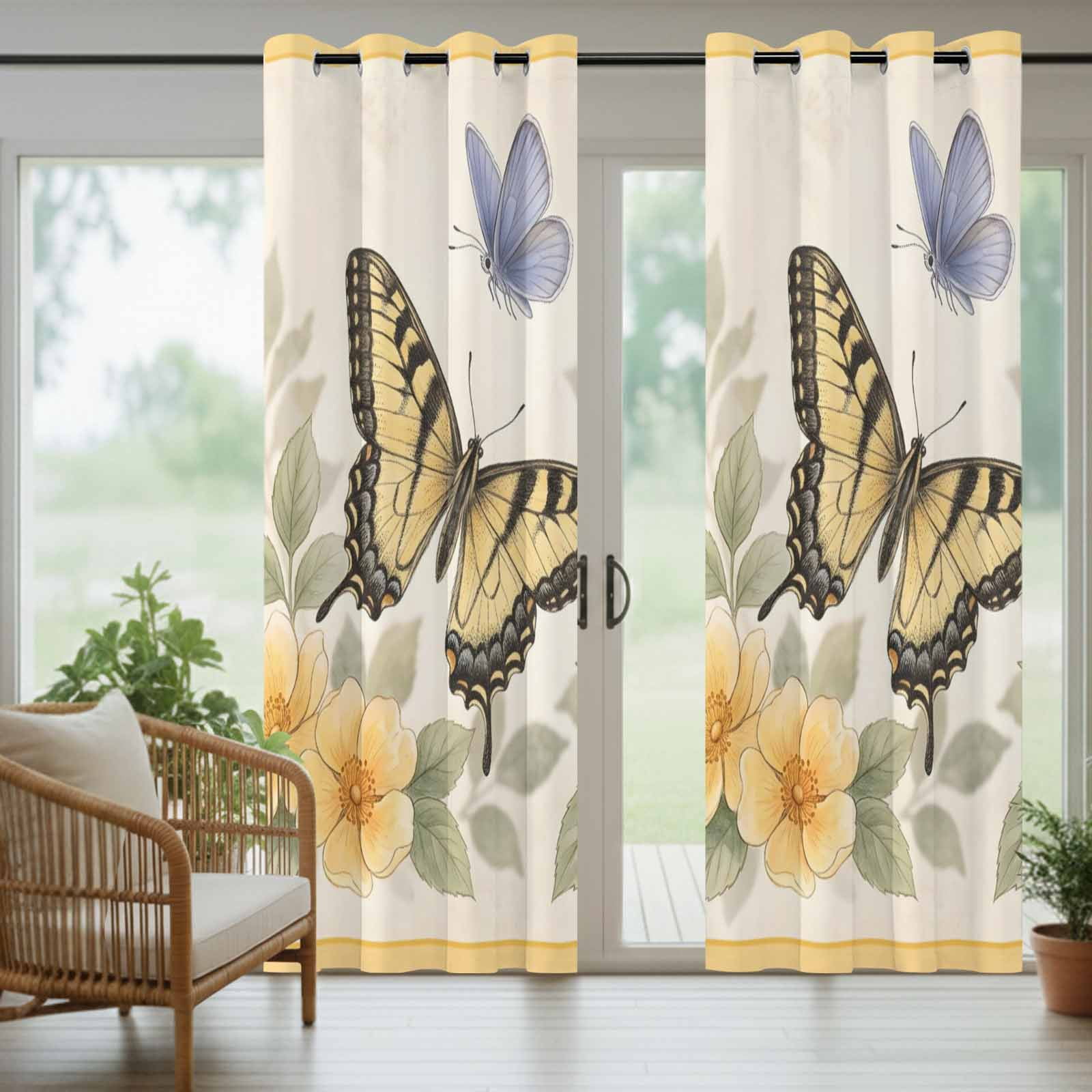 Yellow Flower Outdoor Curtains for Patio, Blue Butterfly Watercolor Green Leaf Spring Sunshade Privacy Drapes Grommet Waterproof Outside Curtains for Porch/Cabana/Balcony 54"x 108", 1 Panel