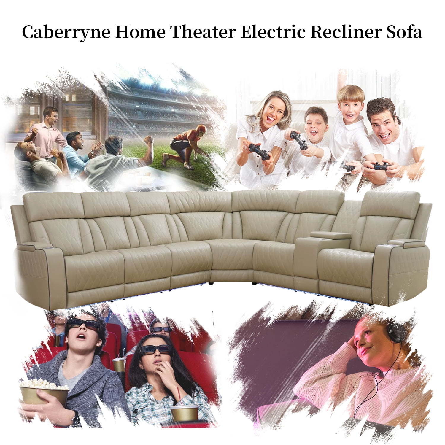 Recliner Sofa Sectional Couches with LED Light for Living Room,Leather Reclining Corner Sectional Sofa with 2 Recliner Seats,Cup Holder,Storage Console for House/Home Theater, Beige