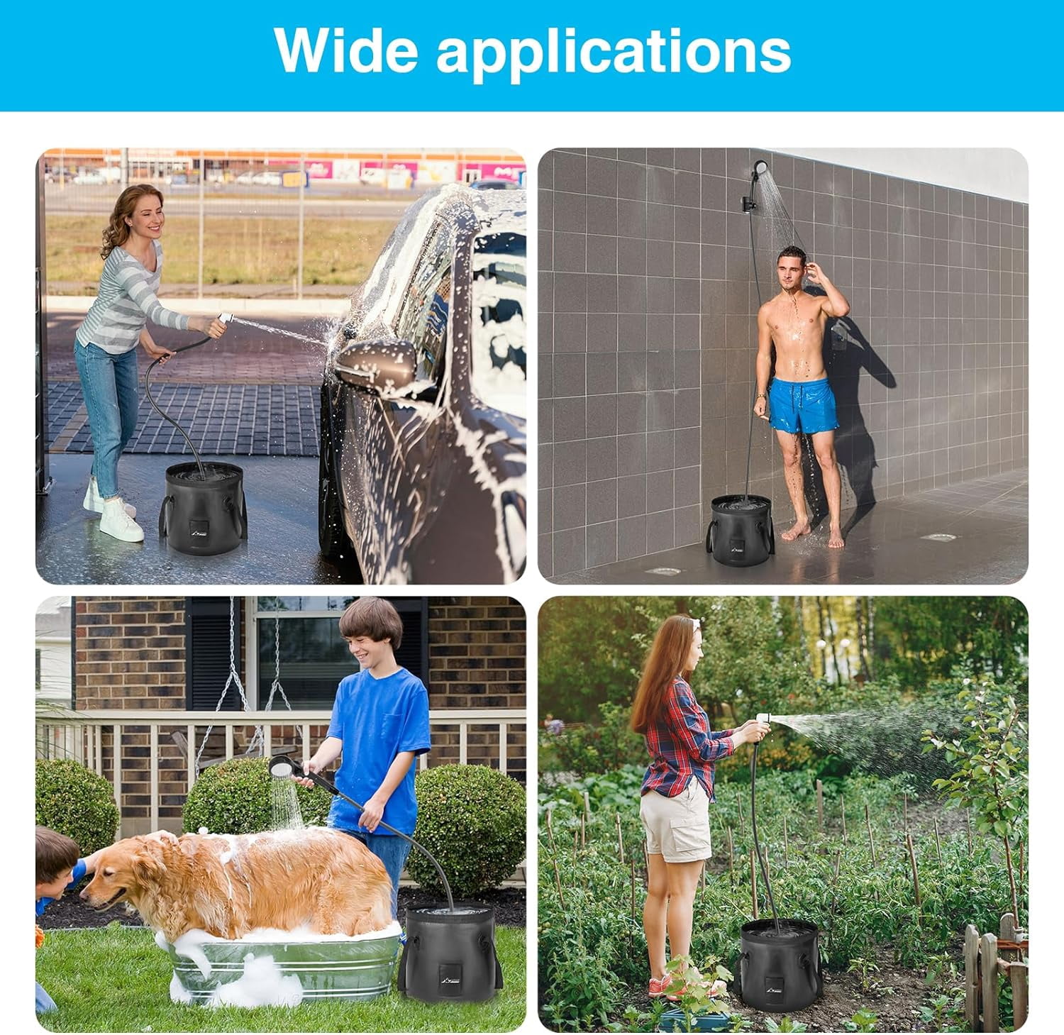 WADEO Portable Shower for Camping, Outdoor Electric Shower Rechargeable Pump with Intelligent Digital Display, 20L Collapsible Bucket, Two Shower Heads for Camping, Hiking, Traveling, Washing