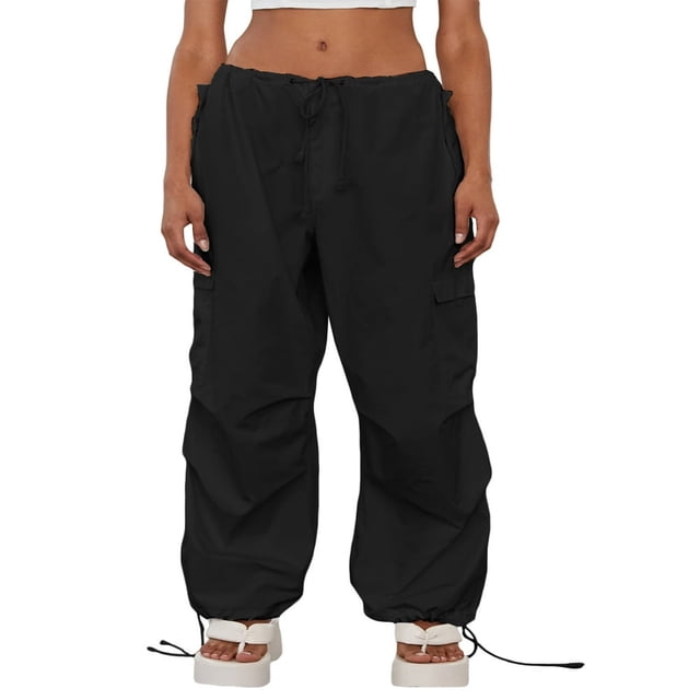 Women Grunge Drawstring Cargo Pants Loose Side Big Pockets Solid Color Casual Summer Spring Long Sports Trousers Green S