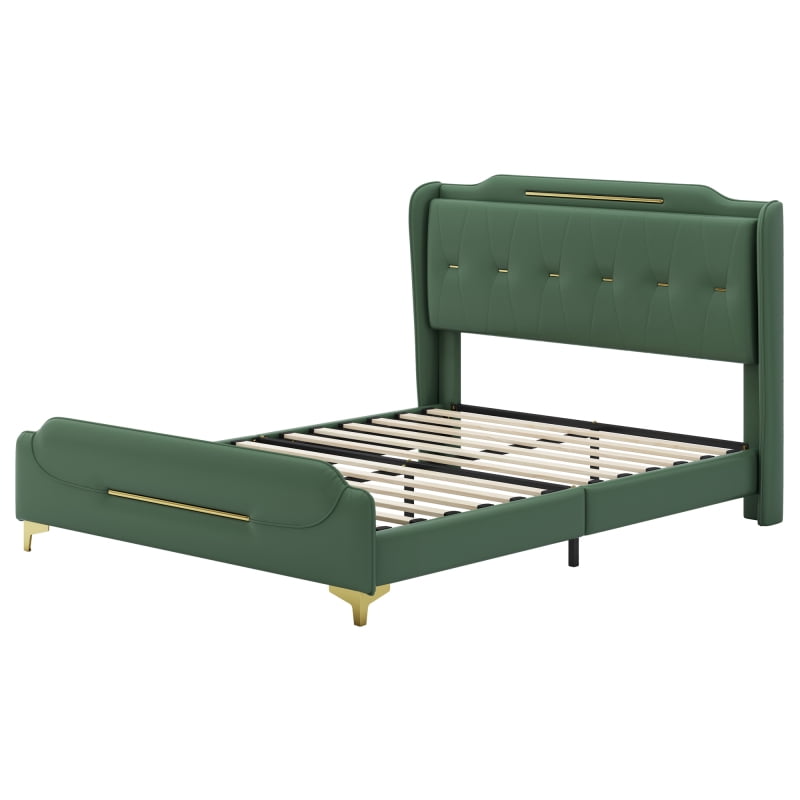[Luckynote]Queen Size Leather Bed frame with Wingback Headboard & Footboard, PU Upholstered Platform bed, Solid Wooden Slats Support, Easy Assembly