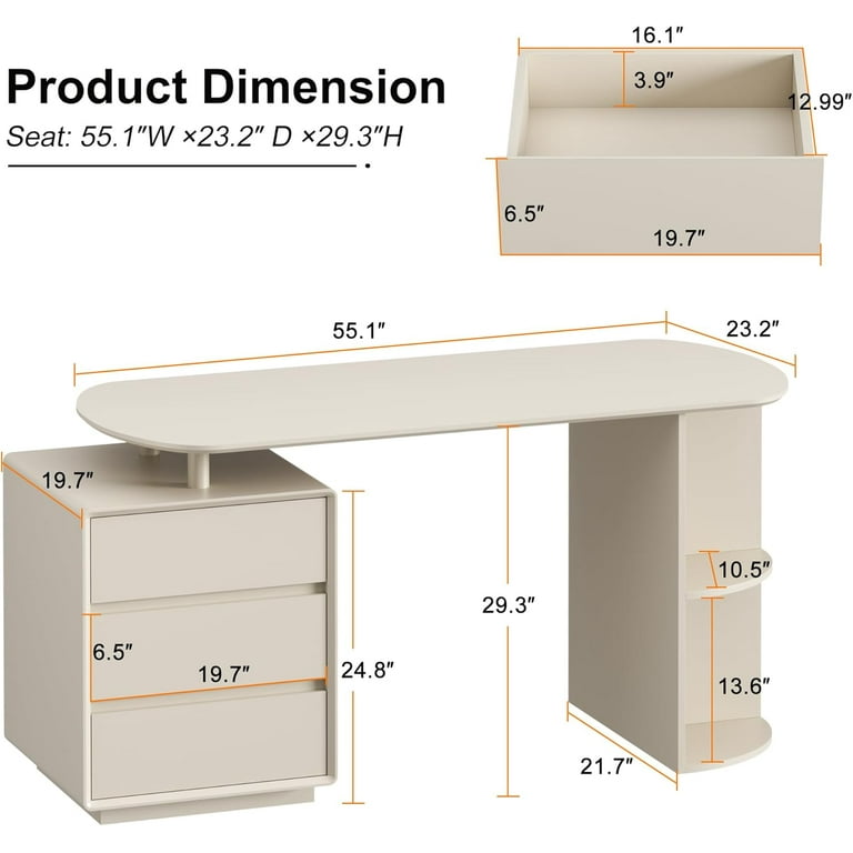 Qulomvs Desk with Drawers, 55inch Home Office White Desk with Drawers and Storage Shelves, Cream White Modern Simple Style Laptop Desk, Work Study Writing Table Workstation for Home Office