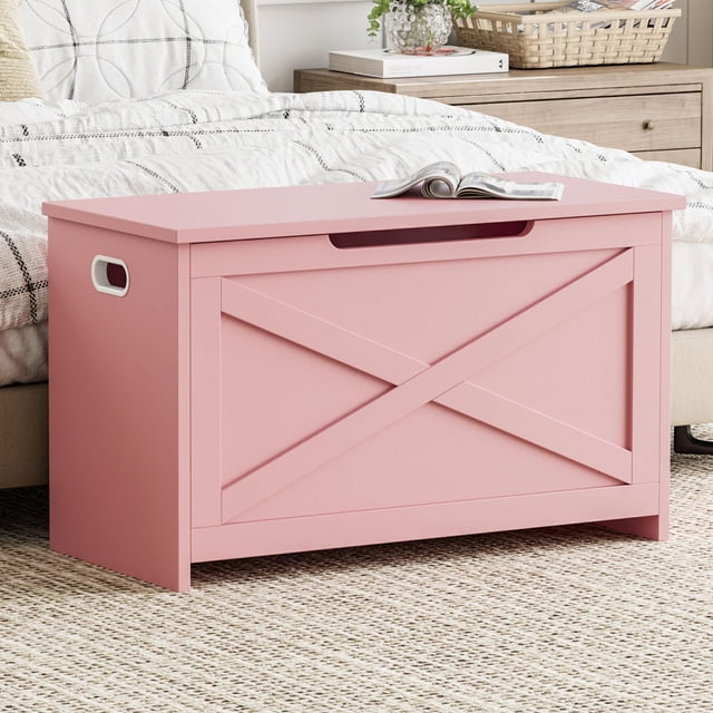 30 Inch Wooden Storage Bench with Safety Hinges and Side Handles, Multifunctional Entryway Chest Toy Box Shoe Organizer, Easy Assembly, Pink Matte White Washed Ash Retro Color