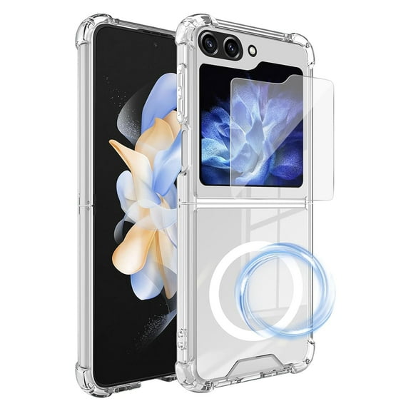 Dteck for Samsung Galaxy Z Flip 5 Case Clear Magnetic with Screen Protector, Compatible with Mag Safe, Transparent Soft TPU Bumper Shockproof Phone Case for Samsung Galaxy Z Flip5 5G